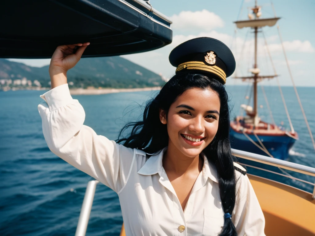 35mm film photography, Joyful, smiling black hair 1 woman on her head ship captain's hat pin-up woman posing beautifully smiling on a yacht clear weather summer sky sunny day glare in her hands holding a glass of cocktail retro pin-up style green swimsuit closed with polka dots pin-up poses luxury rich life