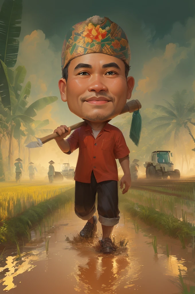 cartoon man walking through a muddy field with a hoe, The head wears a typical Javanese headgear blangkon, caricature illustration, farmer, Indonesian farmer, caricature style, cartoon portrait, cartoon digital painting, caricature, official illustration, cartoon digital art, in cartoon style, inspired by Rudy Siswanto, inspired by I Ketut Soki, potrait, digital cartoon painting art, digital art cartoon, cartoon artstyle