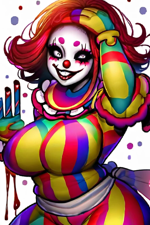 Woman dressed as a clown painted her face like a little clown with a big psycho smile and blood on her face with a knife in her hand with a fat 