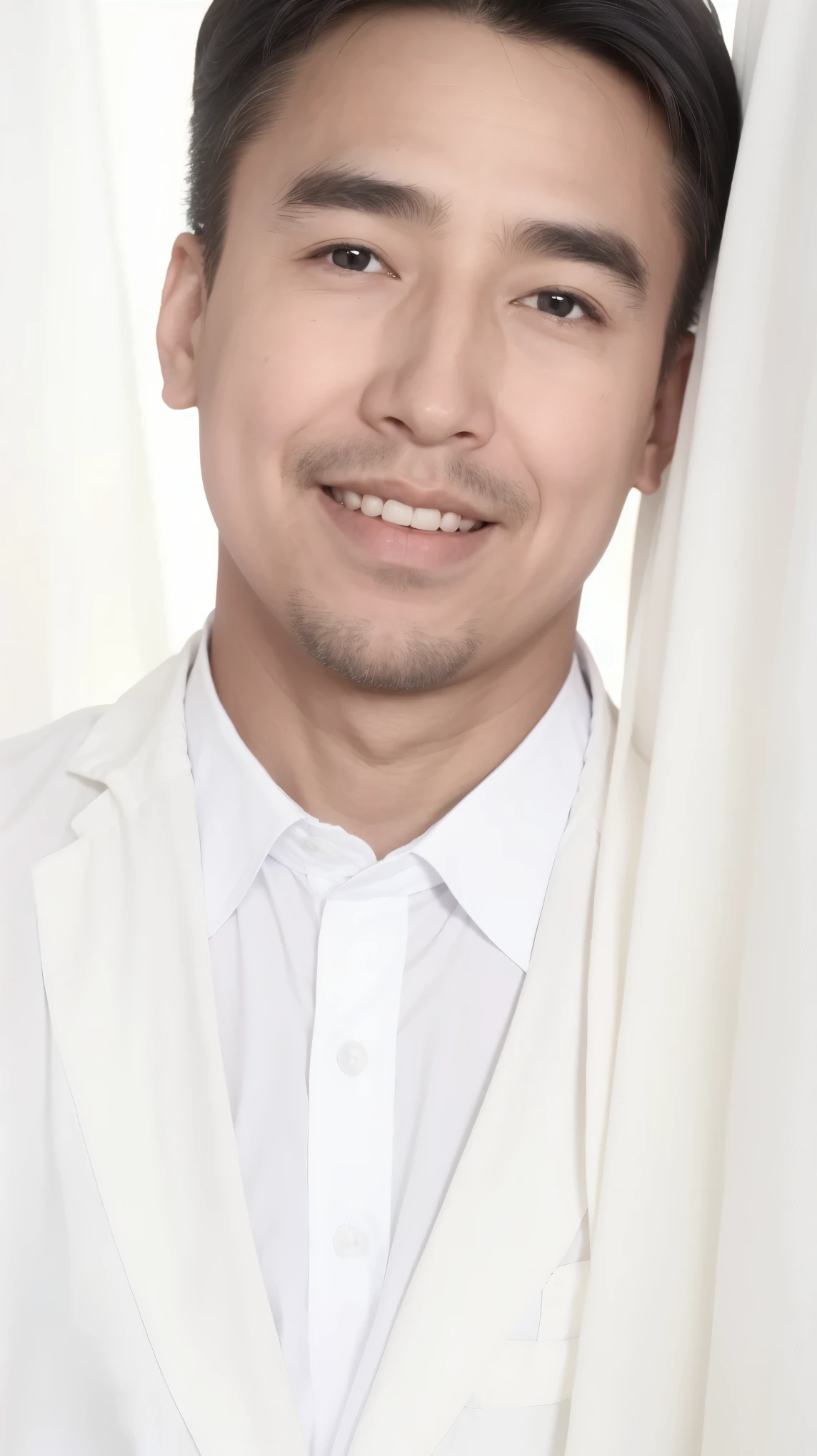 40-year-old male， [[[[close up]]]], [[[[neck]]]], [[[[Shoulder]]]], Perfect eyes, Perfect Iris，Perfect lips，Perfect Teeth，Perfect skin，White skin，Soft headlights，High-density imaging，（Clean and delicate face），((Black suit))，((Various dynamic poses))，((((Half-length photo))))，((Smile))，((White curtains in the background))，best quality，masterpiece，（Soft colors：1.2）