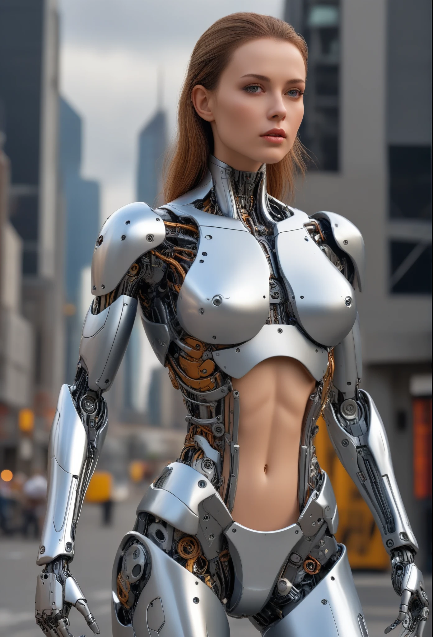 beautiful woman-robot, futuristic city backdrop, intricate mechanical parts, slender graceful humanoid form, magnificent anatomy and physique, 1/2 body crop, best quality, 4k, 8k, highres, masterpiece:1.2, ultra-detailed, realistic, photorealistic, photo-realistic:1.37, HDR, intricate details:1.12, intricate details, hyper-detailing:1.15, natural skin textures, hyper realistic, soft light, Sharp:1.2