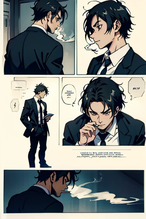  Guy with short black hair smoking, manga page with panels and dialogue  