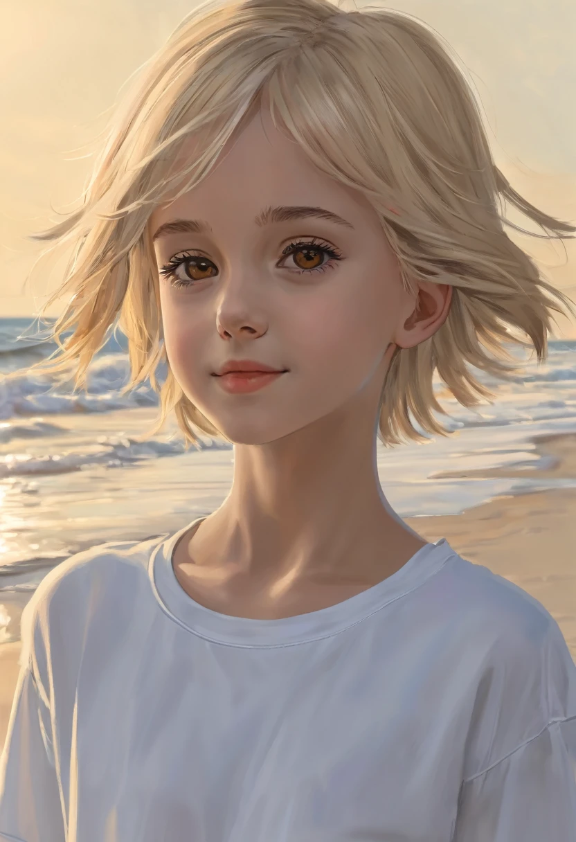 The girl is . Blonde beautiful short hair. A full body. beautiful face. Beautiful brown eyes. Beautiful facial features. Beautiful proportions. Living face. A Slight Smile, a bit open mouht. The head is slightly raised up. The view of the up.. Very subtle drawing of details. Stand in beach. Soft wind around. Masterpiece. 1.4a flat chest and nipples is visible through a white T-shirt. +++Flat chest.