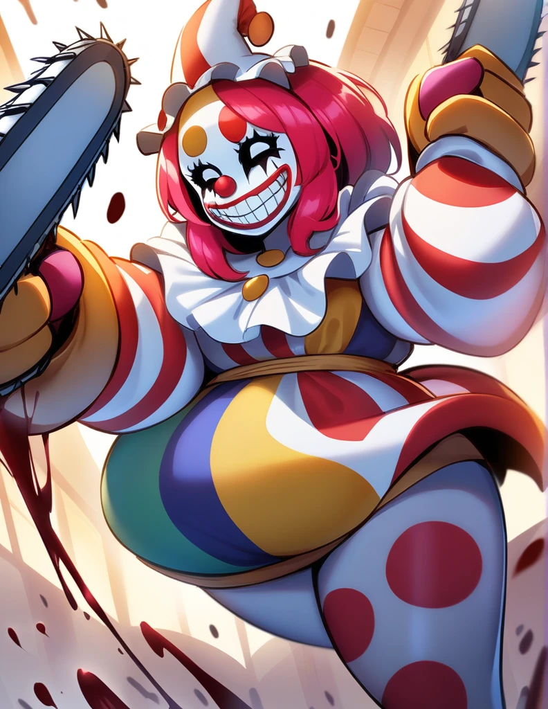 Woman dressed as a clown painted her face like a clown with a big psychopath smile and blood on her face with a chainsaw in her hands and with a fat butt 