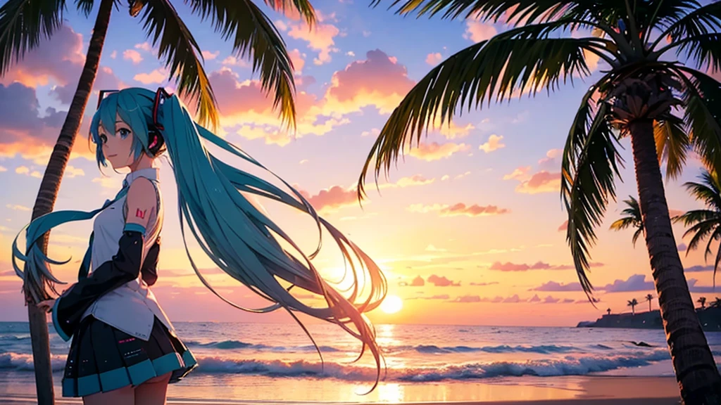 Hatsune Miku。Beach and palm trees。Sunset