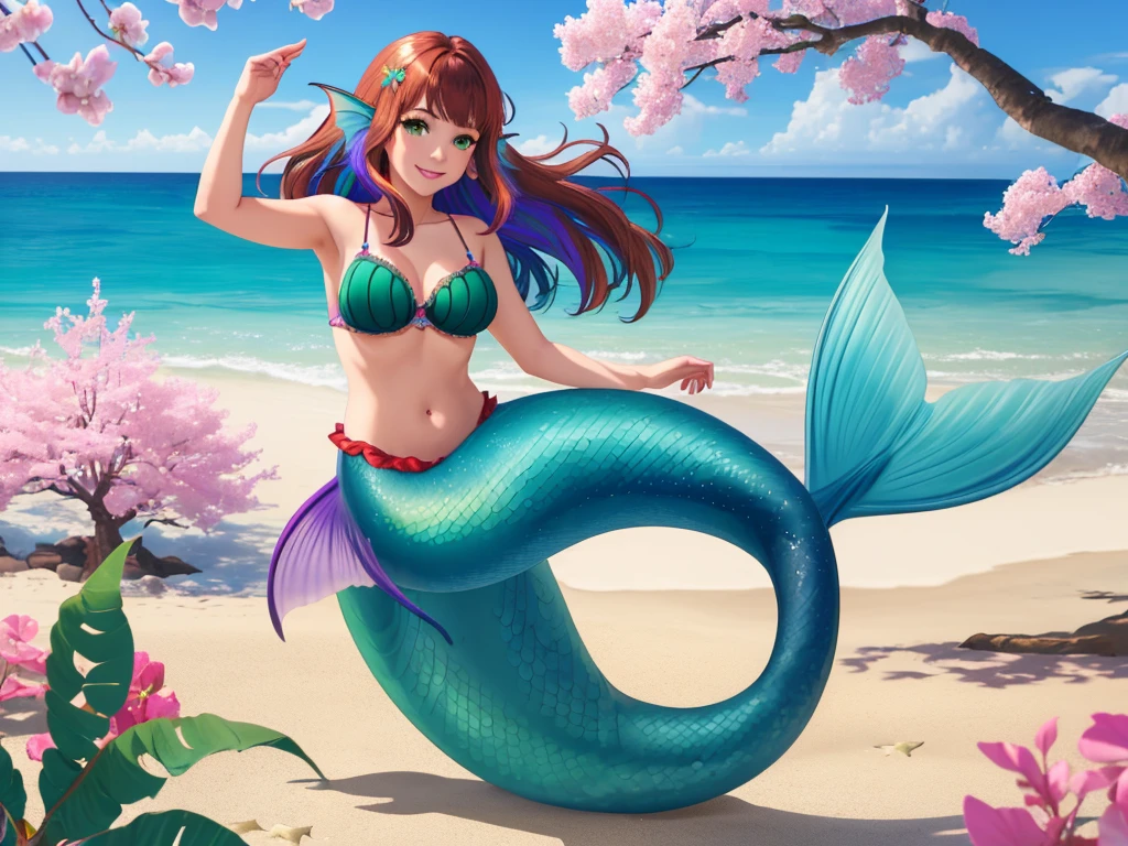 masterpiece, best quality:1.2), 1girl, smile, looking at viewer, green eyes, short brown multicolored hair, mermaid, mermaid girl, wearing purple seashell bra, laying on belly on beach, colorful mermaid tail, outdoors, head fins, fin ears, under cherry blossoms