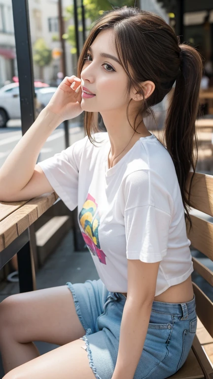 (RAW Photos), (Realistic), (masterpiece), (Highest quality), High resolution, 8K,(Volumetric Light),  woman, Age 25, Short Ponytail, Straight hair, Layered Hair, Brown Hair, Very beautiful eyes, Source order, Very thin eyebrows, Very fine skin, Very beautiful mouth, Very nice nose, Cute like an idol,A smile showing white teeth, (Thick lips), (Looking at the audience), (Printed T-shirt,Cotton shorts),( Sitting on a chair in an outdoor cafe drinking juice),(From the whole body to the toes:1.3),(Side Shot),(Cowboy Shot),(自然A pose),A pose),Put your right hand on your knee,(drink juice with left hand),(Side view:1.3),(Low - Angle)