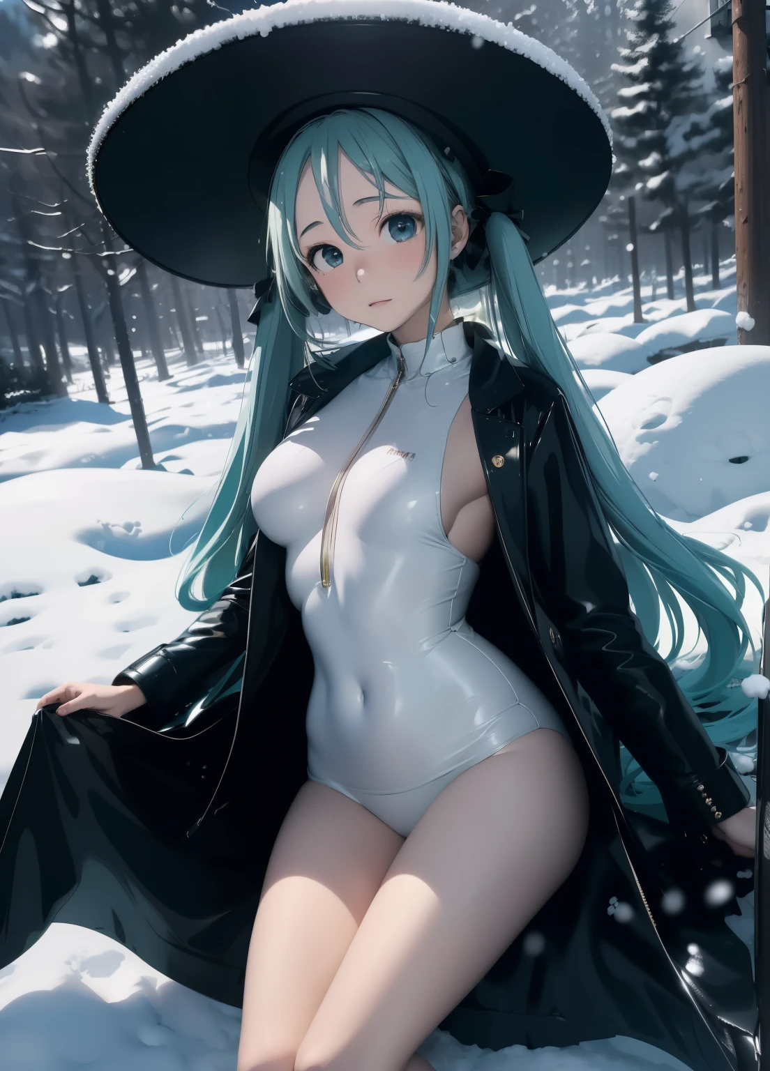 (masterpiece、Highest quality、Highest quality、Official Art、Beautiful and beautiful:1.2)、(One girl:1.3)Hatsune Miku、Twin tails,Beautiful breasts,North、snow、Maetel、Galaxy Express 999、Black Hat、Black coat