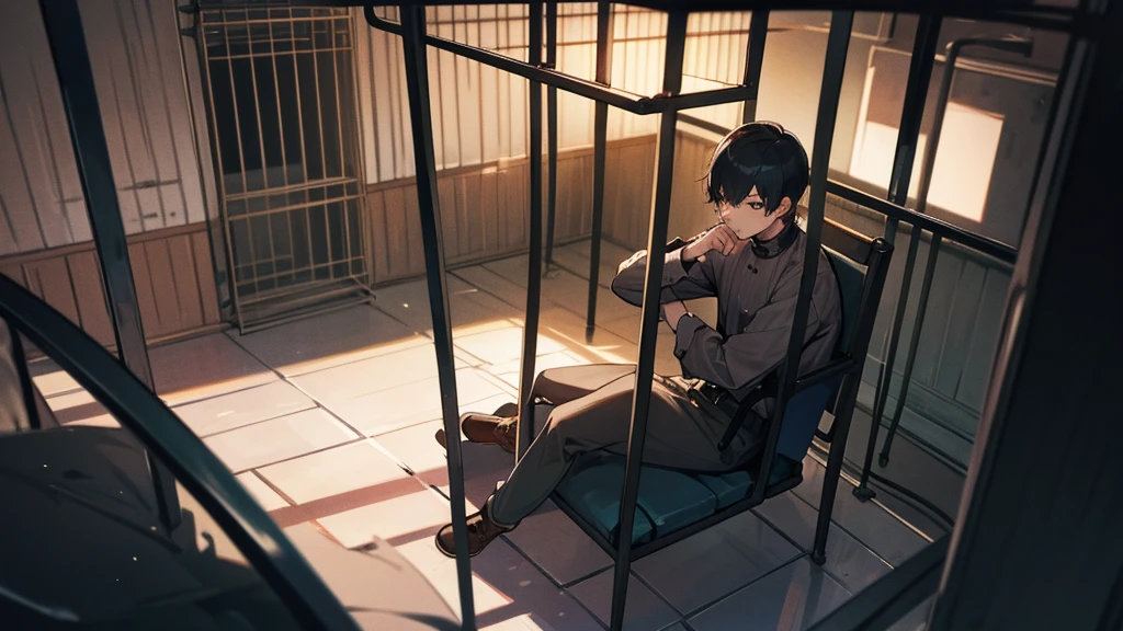a guy with short hair sits in a cage in the basement.