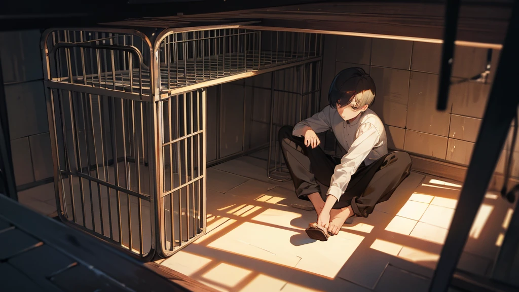 a guy with short hair sits in a cage in the basement.