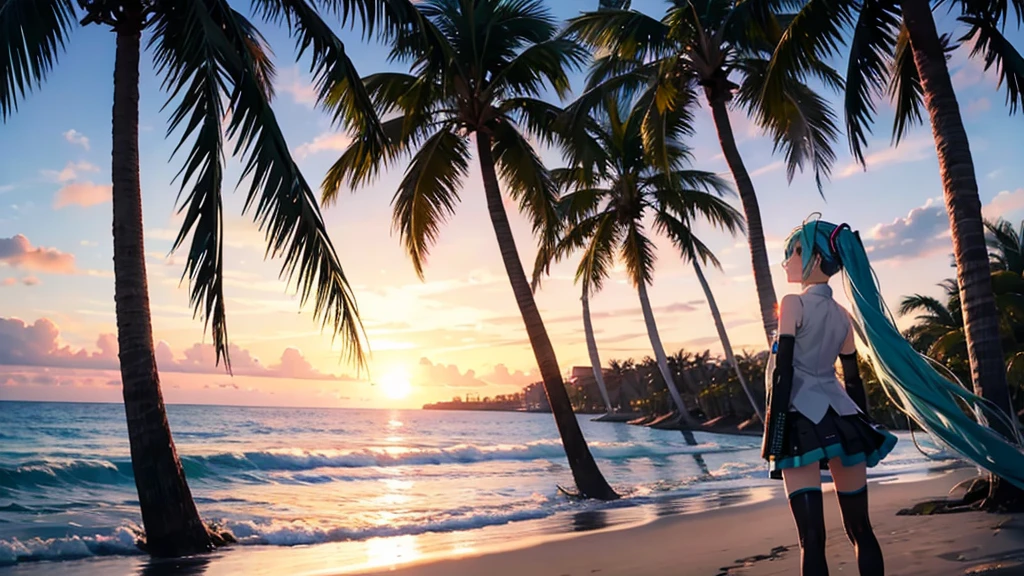 Hatsune Miku。Beach and palm trees。Sunset