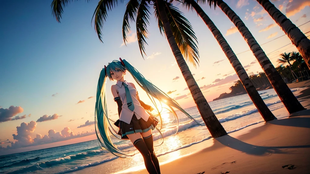 Hatsune Miku。Beach and palm trees。Sunset