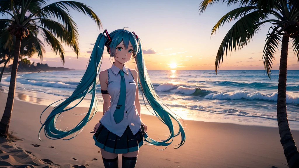 Hatsune Miku。Beach and palm trees。Sunset