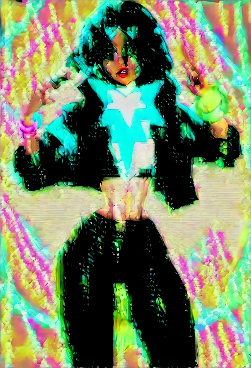 hyperrealism, photorealistic, 20 yo female, solo, 1female, toned, wide hips, long black hair, very skinny, very thin, very slim, very slender, thick thighs, ifbb, thick lips, thin waist, slendered abs, narrow waist, small waist, dark skin, tan, tanned, tan skin, tanned skin, light brown skinned, lipstick, neon glowing bracelet, glowing armlet, bounce light, rimlights, (sparkling translucent criss-cross top), (wet transparent half-jacket), tight (snakeskin leather pants), high detail
