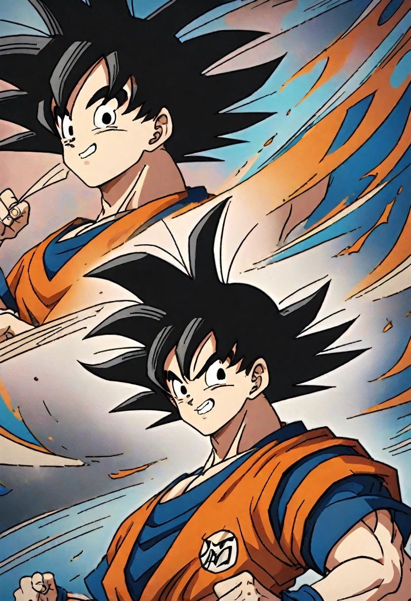 son goku, black hairs, memory fades away. Man head, Abstract, blank，broken，dreamlike，peeling off like paper，dissipation effect, using vivid gentl colour, in his fight pose