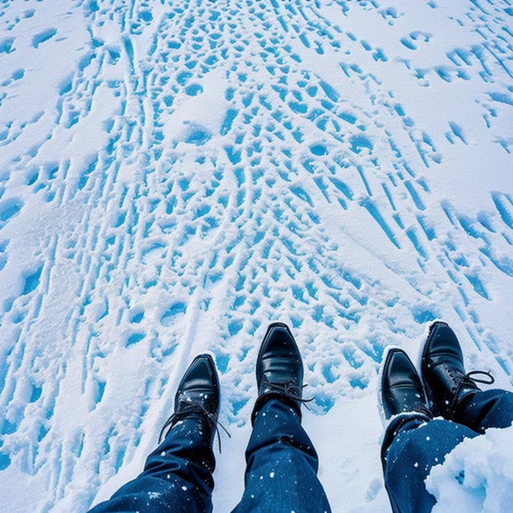 someone is standing in the snow with their feet in the snow, standing in the snow, walking on ice, standing on the water ground, stands in a pool of water, footsteps in the snow, feet on the ground, standing in a parking lot, standing on a ship deck, standing in midground, looking at the ground, snow field