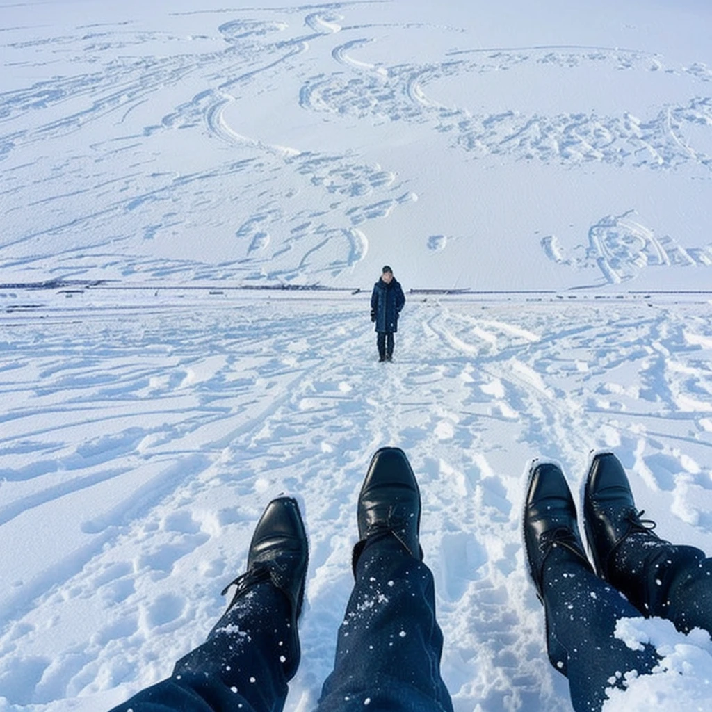 someone is standing in the snow with their feet in the snow, standing in the snow, walking on ice, standing on the water ground, stands in a pool of water, footsteps in the snow, feet on the ground, standing in a parking lot, standing on a ship deck, standing in midground, looking at the ground, snow field