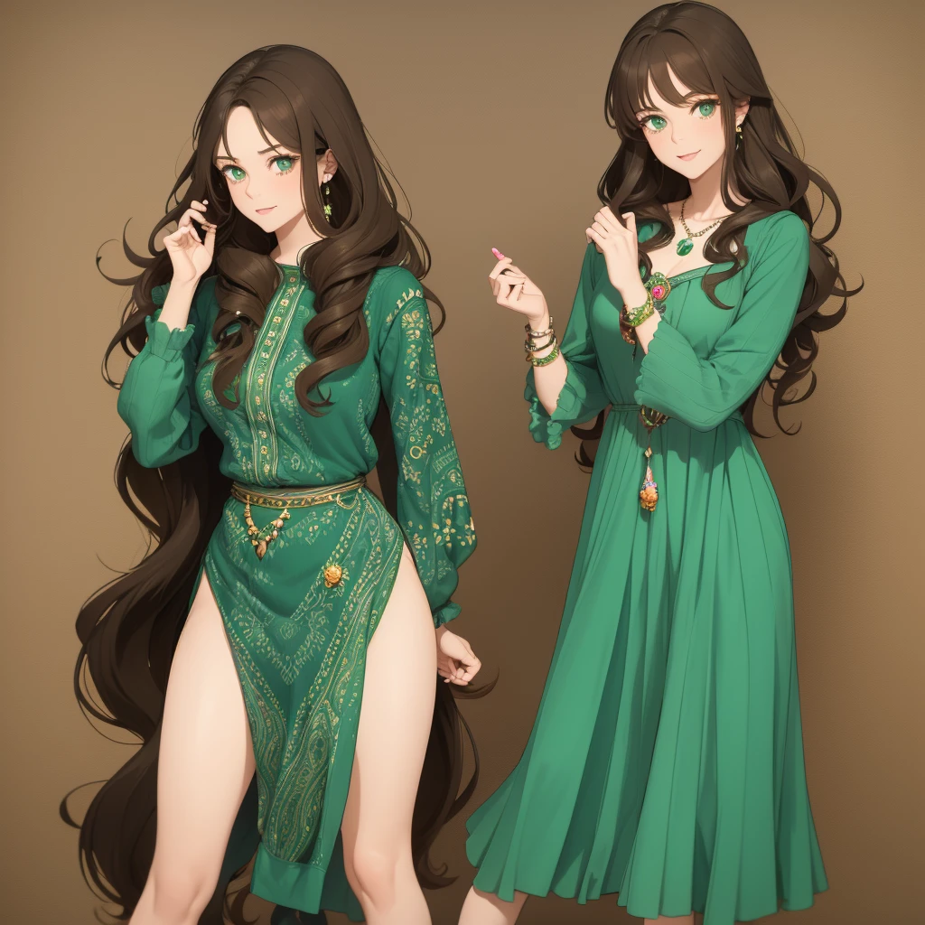 young woman, 25 years, long curly brown hair. She has bright green eyes, that glow with warmth and enthusiasm 5 feet, slim build, and her style is a quirky mix of bohemian and vintage. She often wears flowy dresses with unique patterns., accessorized with statement jewelry and comfortable flats.