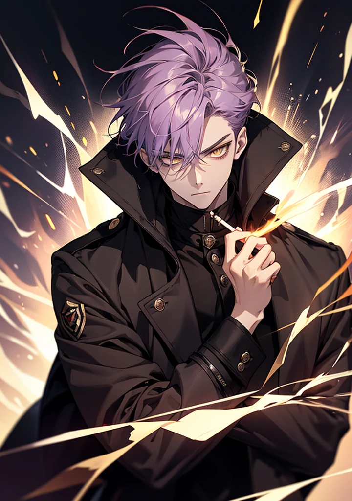 1 boy 20 years old, aura, Bilibili, Black_Background, Yellow_Eyes, Blue_fire, Blurry, cigarette, purple hair, angry, coat, krystal, electricity, energy, blazing, _Bland_Eyes, high_Collar, Holding, Holding_cigarette, Lightning, long_sleeves, up looking_で_viewer, Magic, Man's_Focus, Black_and_Red_coat, It features a simple_Background, Solo, The upper part of the body_Body, white_