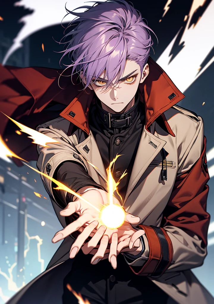 1 boy 20 years old, aura, Bilibili, Black_Background, Yellow_Eyes, Blue_fire, Blurry, cigarette, purple hair, angry, coat, krystal, electricity, energy, blazing, _Bland_Eyes, high_Collar, Holding, Holding_cigarette, Lightning, long_sleeves, up looking_で_viewer, Magic, Man's_Focus, Black_and_Red_coat, It features a simple_Background, Solo, The upper part of the body_Body, white_