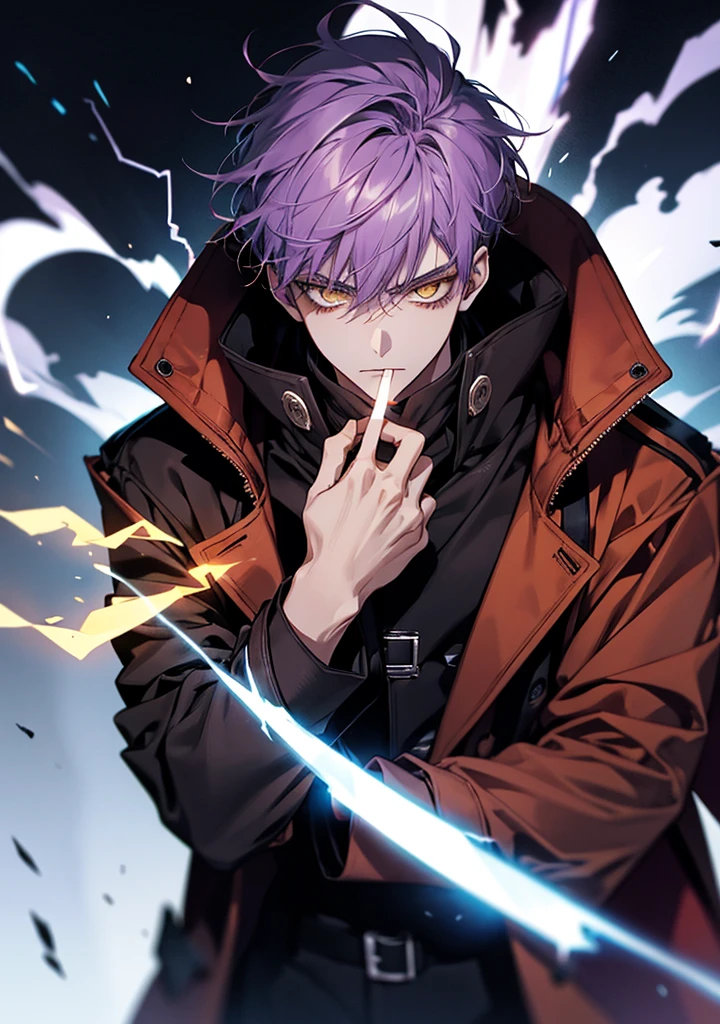 1 boy 20 years old, aura, Bilibili, Black_Background, Yellow_Eyes, Blue_fire, Blurry, cigarette, purple hair, angry, coat, krystal, electricity, energy, blazing, _Bland_Eyes, high_Collar, Holding, Holding_cigarette, Lightning, long_sleeves, up looking_で_viewer, Magic, Man's_Focus, Black_and_Red_coat, It features a simple_Background, Solo, The upper part of the body_Body, white_