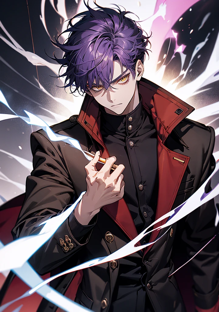 1 boy 20 years old, aura, Bilibili, Black_Background, Yellow_Eyes, Blue_fire, Blurry, cigarette, purple hair, angry, coat, krystal, electricity, energy, blazing, _Bland_Eyes, high_Collar, Holding, Holding_cigarette, Lightning, long_sleeves, up looking_で_viewer, Magic, Man's_Focus, Black_and_Red_coat, It features a simple_Background, Solo, The upper part of the body_Body, white_