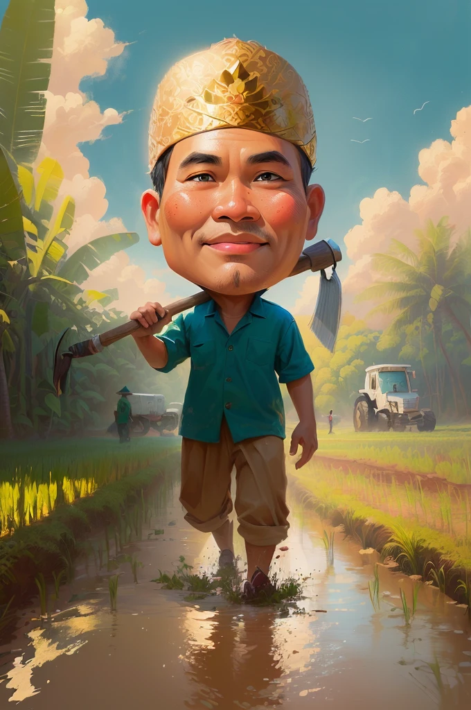 cartoon man walking through a muddy field with a hoe, The head wears a typical Javanese headgear blangkon, caricature illustration, farmer, Indonesian farmer, caricature style, cartoon portrait, cartoon digital painting, caricature, official illustration, cartoon digital art, in cartoon style, inspired by Rudy Siswanto, inspired by I Ketut Soki, potrait, digital cartoon painting art, digital art cartoon, cartoon artstyle