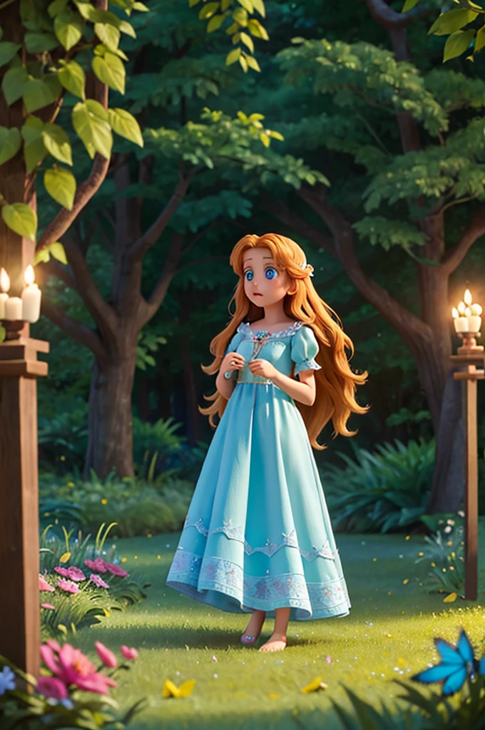 she watched enchanted as the trees seemed to whisper to each other, the leaves rustling as if they were speaking. The flowers bent as she passed, and the butterflies danced in the air a with long golden hair, sparkling blue eyes in a light blue nightgown a