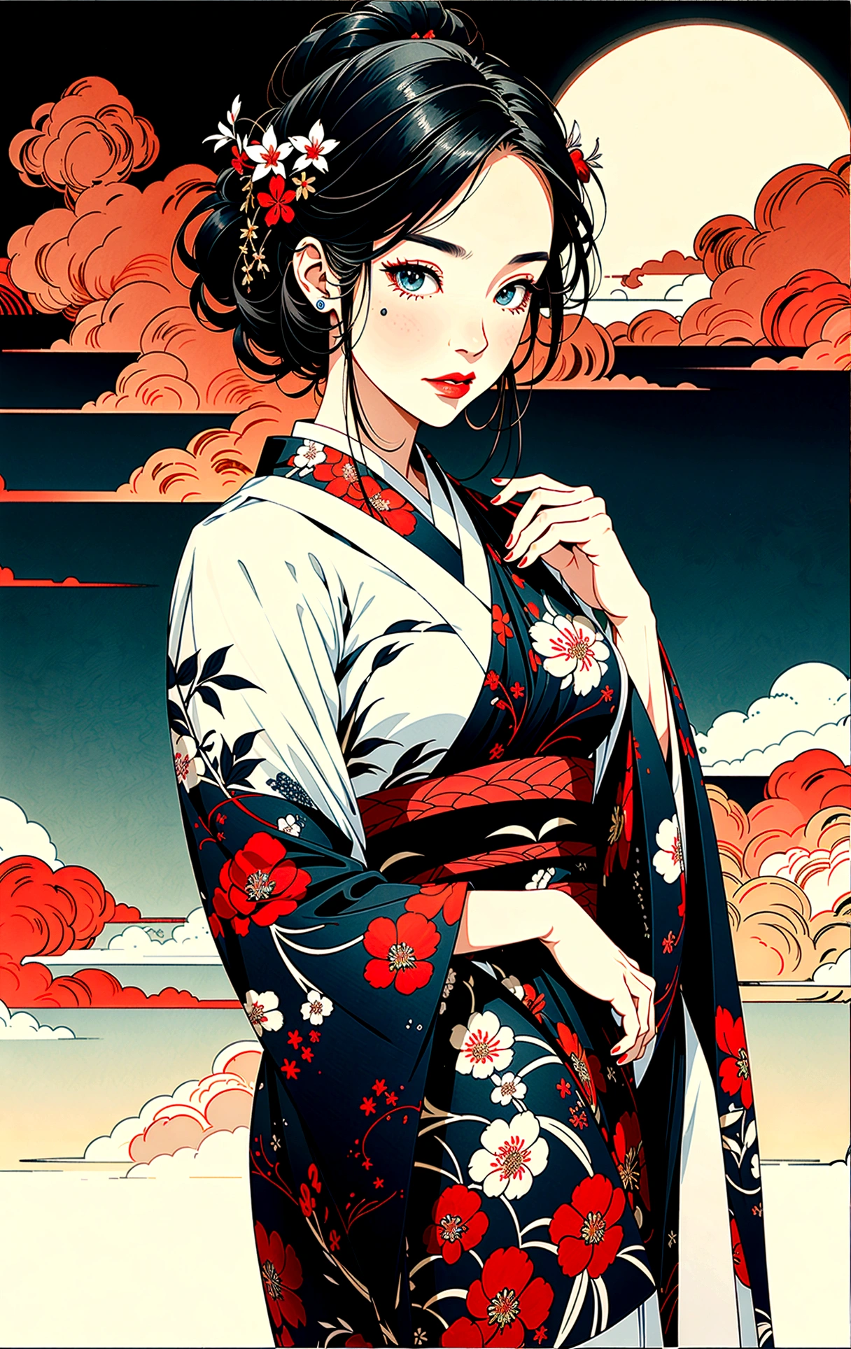 whole body in the picture, Full body illustration, Full body image,((8k wallpaper of a highly detailed CG unit, ​masterpiece, high resolution, top quality, top qualityのリアルテクスチャスキン)), ((a very graceful and beautiful woman, seductive facial expressions, plump lips, The entire body, Japanese pattern Haori, hanfu updo with japanese pattern in black, light skin without blemishes, small), ((Colorful background with geometric patterns, Japanese pattern background, Cool, White background)), Sumi-e, hyper realisitic, digital painting, conceptual art,