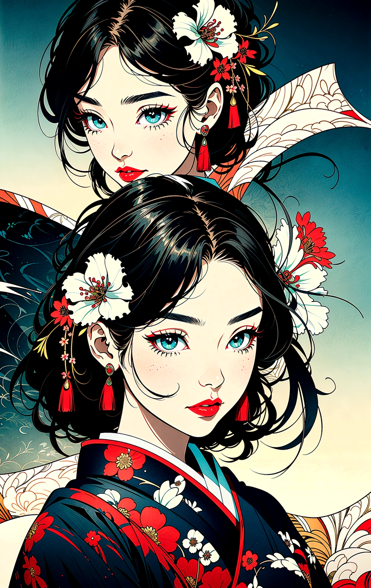 whole body in the picture, Full body illustration, Full body image,((8k wallpaper of a highly detailed CG unit, ​masterpiece, high resolution, top quality, top qualityのリアルテクスチャスキン)), ((a very graceful and beautiful woman, seductive facial expressions, plump lips, The entire body, Japanese pattern Haori, hanfu updo with japanese pattern in black, light skin without blemishes, small), ((Colorful background with geometric patterns, Japanese pattern background, Cool, White background)), Sumi-e, hyper realisitic, digital painting, conceptual art,