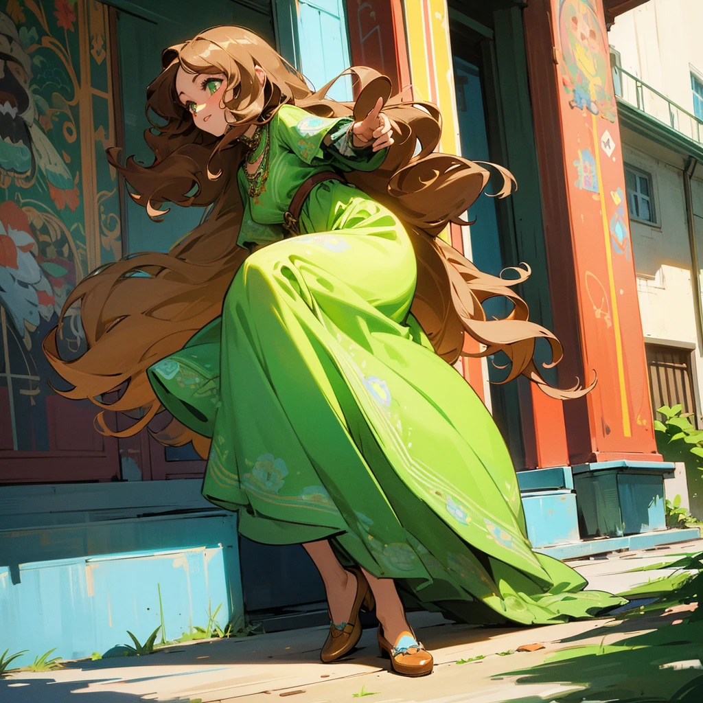 young woman, 25 years, long curly brown hair. She has bright green eyes, that glow with warmth and enthusiasm 5 feet, slim build, and her style is a quirky mix of bohemian and vintage. She often wears flowy dresses with unique patterns., accessorized with statement jewelry and comfortable flats.