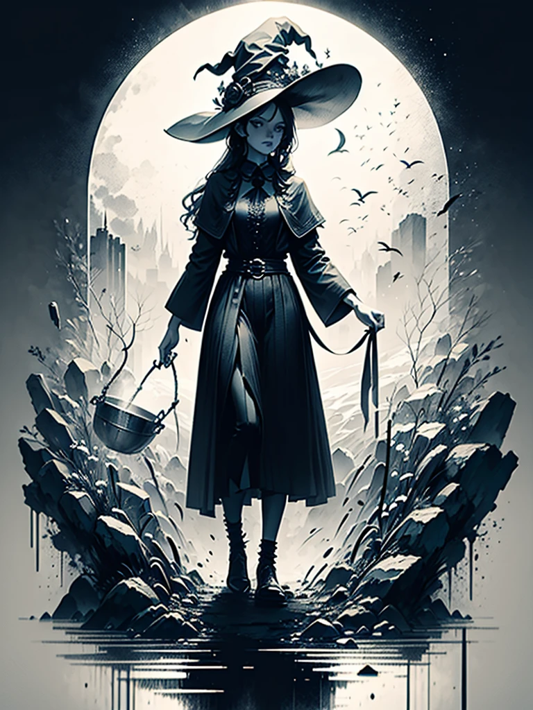 beautiful young woman, dressed as a witch, looking into the cauldron, dark weather, low light