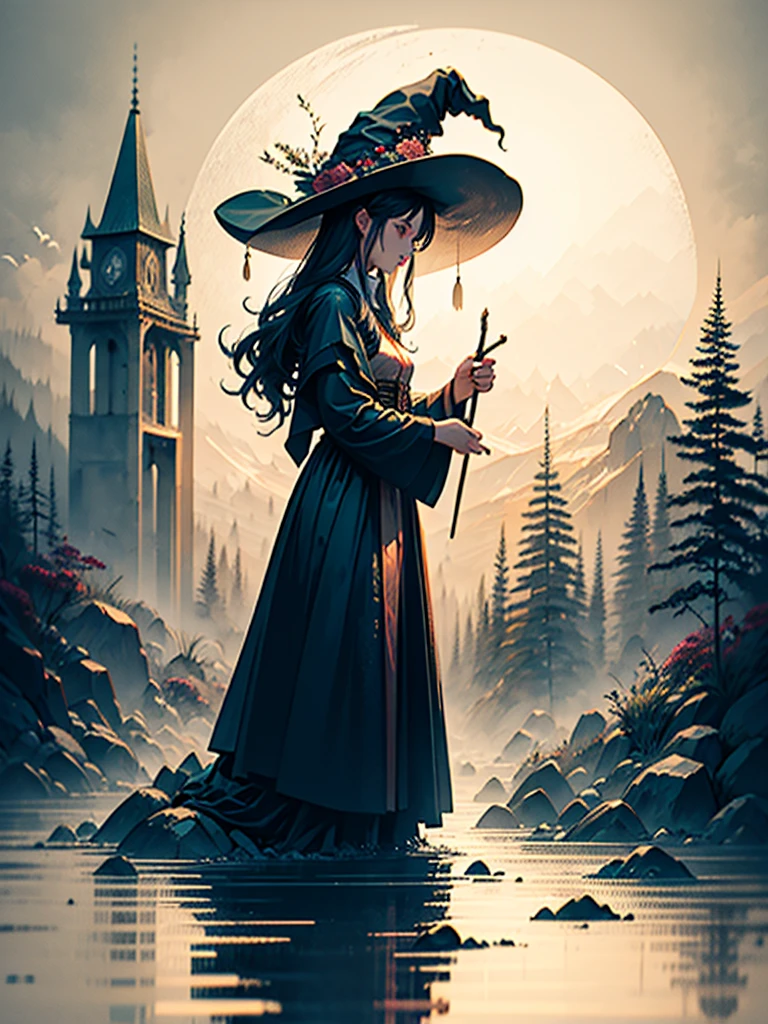 beautiful young woman, dressed as a witch, looking into the cauldron, dark weather, low light