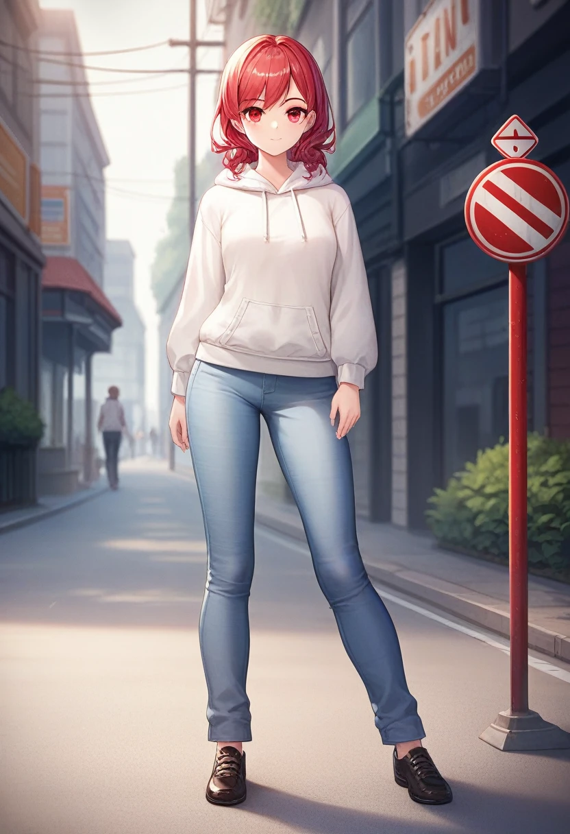 best quality, 4K wallpaper, masterpiece, extremely detailed CG unity 8k wallpaper, extremely detailed eyes, ultra-detailed, intricate details, 1girl, solo,red eyes, Barihama outfit, white hoodie, trousers, shoes, looking at viewer, public, road sign, street park, street,