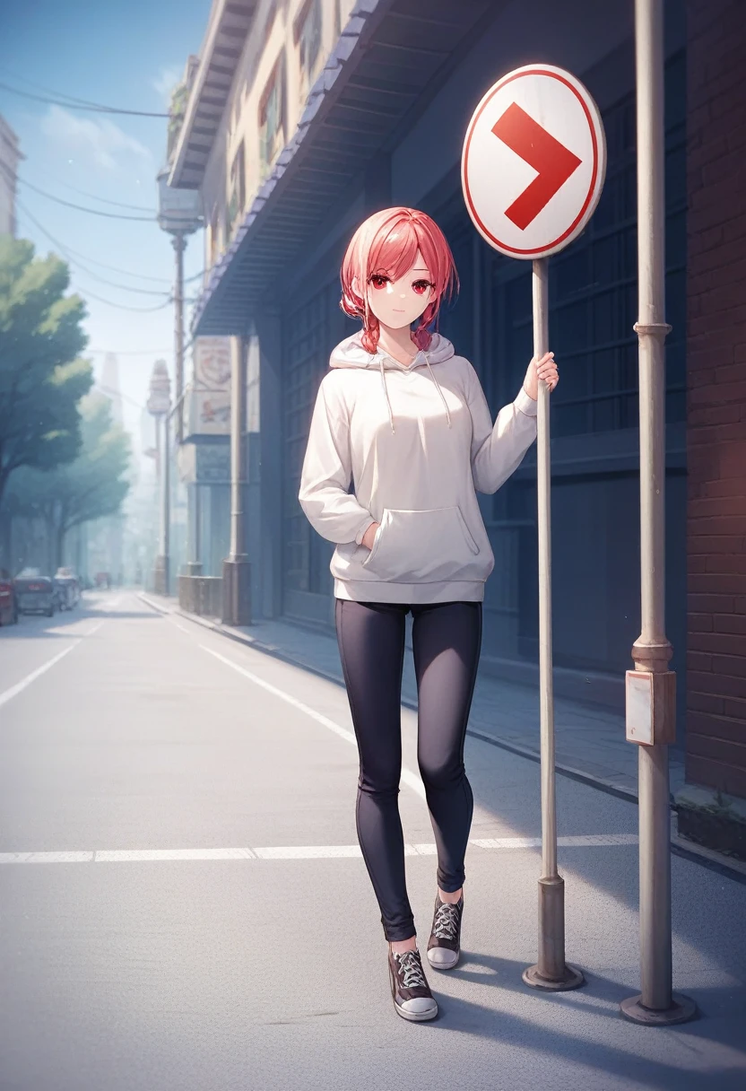 best quality, 4K wallpaper, masterpiece, extremely detailed CG unity 8k wallpaper, extremely detailed eyes, ultra-detailed, intricate details, 1girl, solo,red eyes, Barihama outfit, white hoodie, trousers, shoes, looking at viewer, public, road sign, street park, street, 