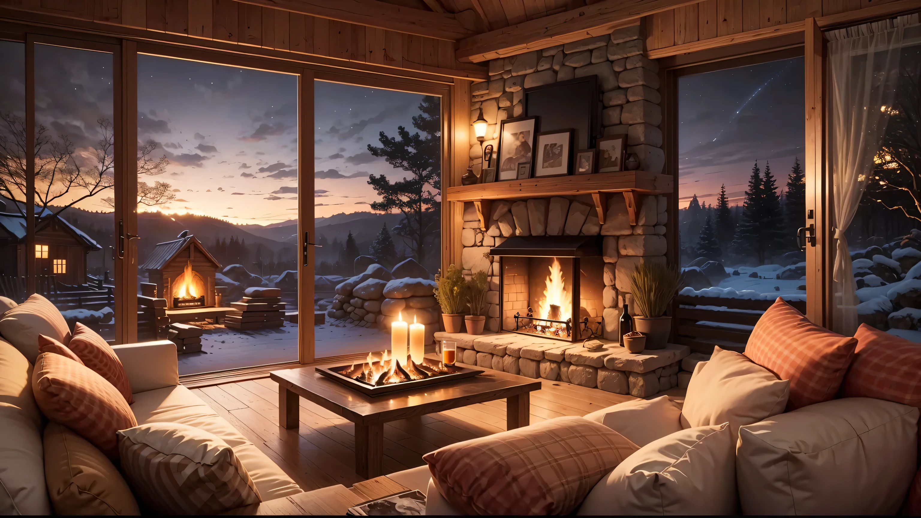 Cartoon background of wooden house living room, This night outside](Comfortable atmosphere), (Soft lighting), Bright fire in stone fireplace, This is the best night, Transparent glass window