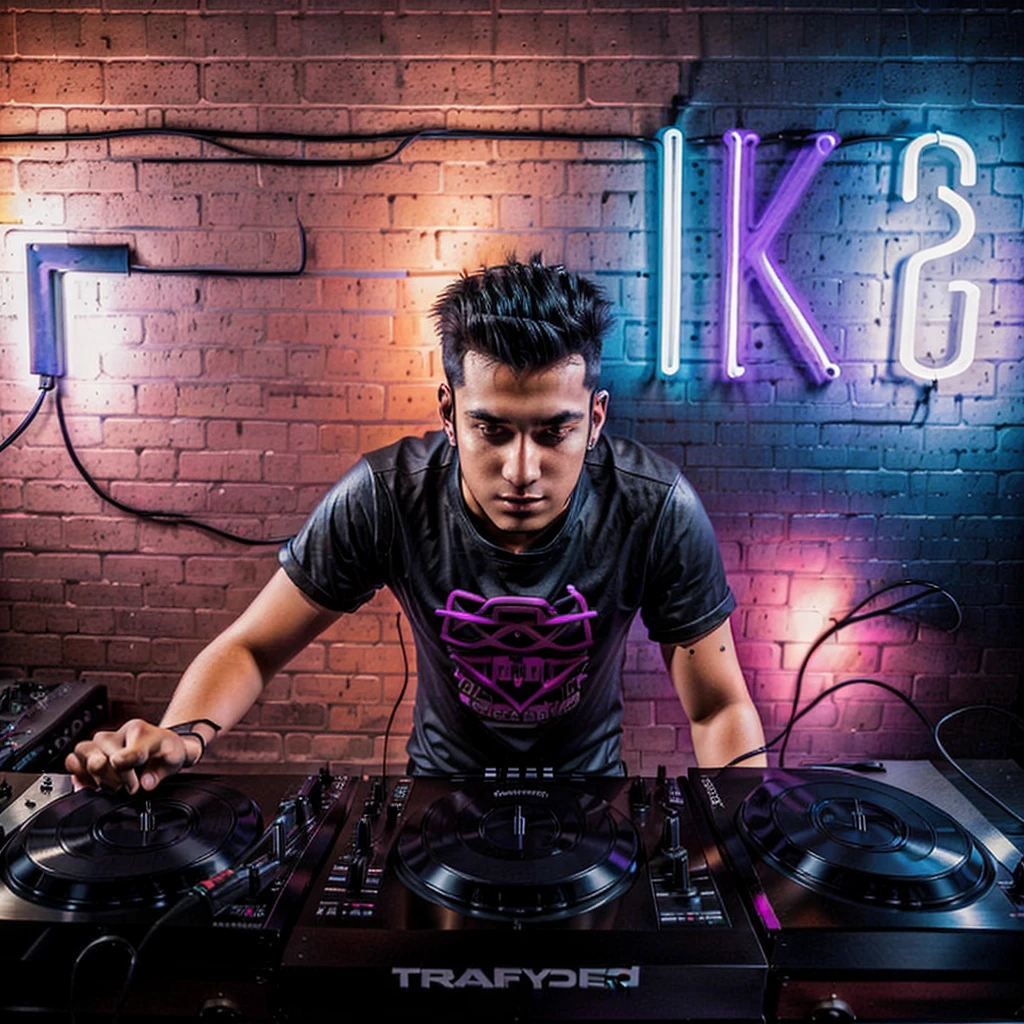 arafed male dj in front of a brick wall with neon lights, official artwork, dj set, dj, freaky, album art for a trance dj, FRENGKY, album art, promo art, frenetic, dj at a , frenzy, 1MAN, djing with dj turntables, profile picture, HIGH QUALITY, a young man with mohawk hair