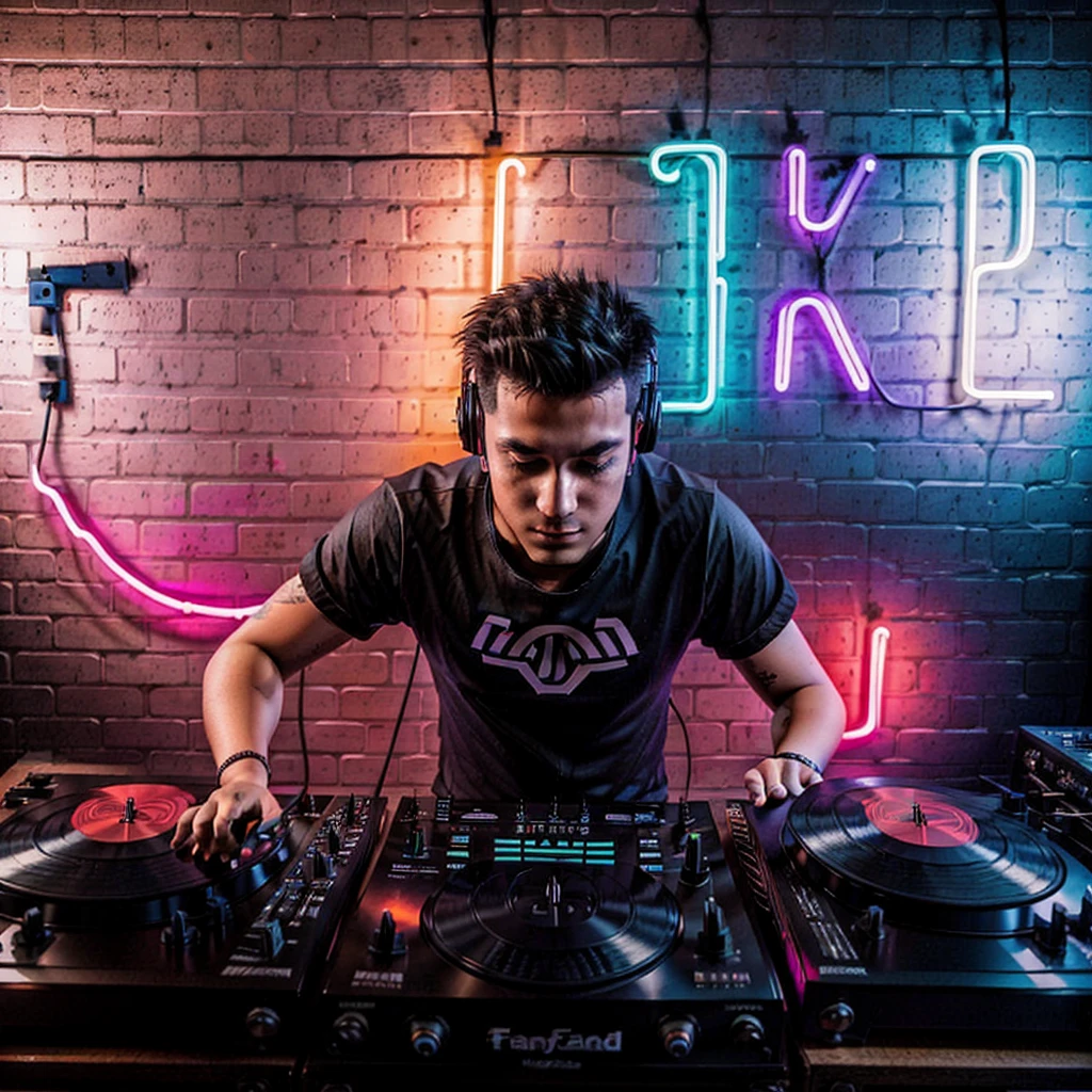 arafed male dj in front of a brick wall with neon lights, official artwork, dj set, dj, freaky, album art for a trance dj, FRENGKY, album art, promo art, frenetic, dj at a , frenzy, 1MAN, djing with dj turntables, profile picture, HIGH QUALITY, a young man with mohawk hair