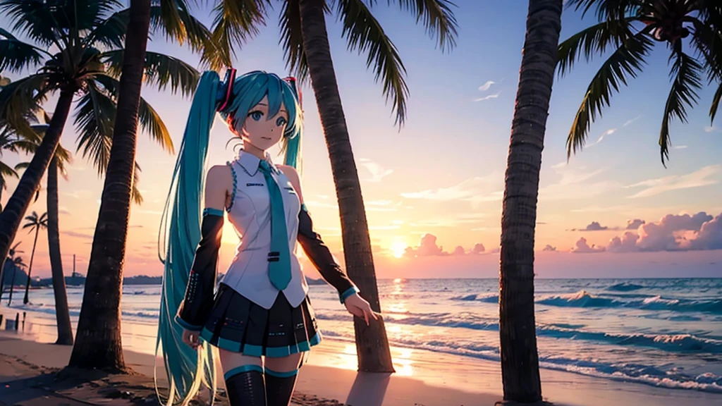 Hatsune Miku。Beach and palm trees。Sunset