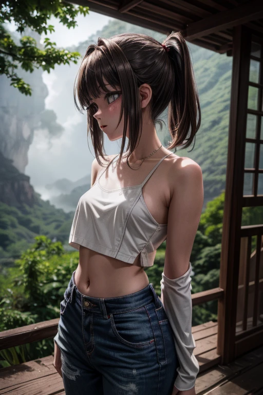 ((masterpiece)), ((Best quality)), (Anime:1.5), (Raw photo:1.2),(A high resolution:1.3), (Professional photography:1.2), (()), 1 girl, (Very shy and blushing), (glossy lips), upper body, profile, (crop top), bare hands, bare shoulders, (blunt and combed bangs), low ponytail, ((loose cute pants pull up)), pale brown hair, , cute hips, (Fog effect:1.3), (in tropical subtropical forest), Mountain Scenery,