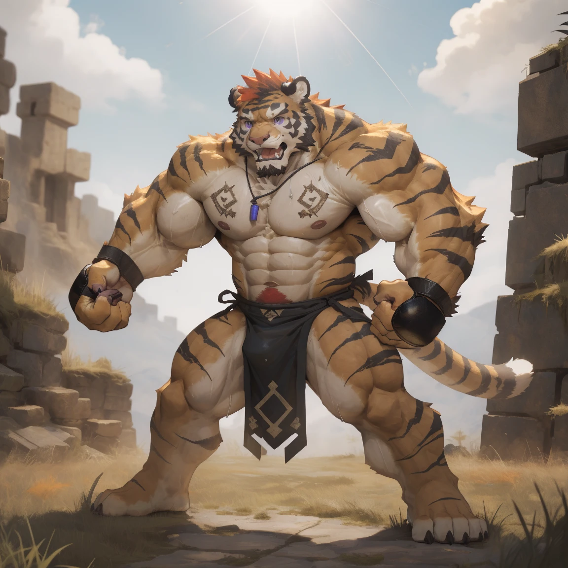 masterpiece, best quality, 8k resolution, Very detailed, hairy，tiger，((red hair))，muscle，Strong，超大muscle，((Sweating))，(((Purple Eyes)))，For the audience，(((Ancient times)))，portrait，(((Shirtless)))，(Highest quality scene)，(((crotch cloth)))，(((grassland)))，(((Vigilant)))，(((Hip bulge)))，(((Ultra clear eyes))，(((long fangs)))，((Solitary))，((whole body))，(((Sunlight)))，(((fighting stance)))，((Mature))，(((Uncle)))，(((Orange fur)))