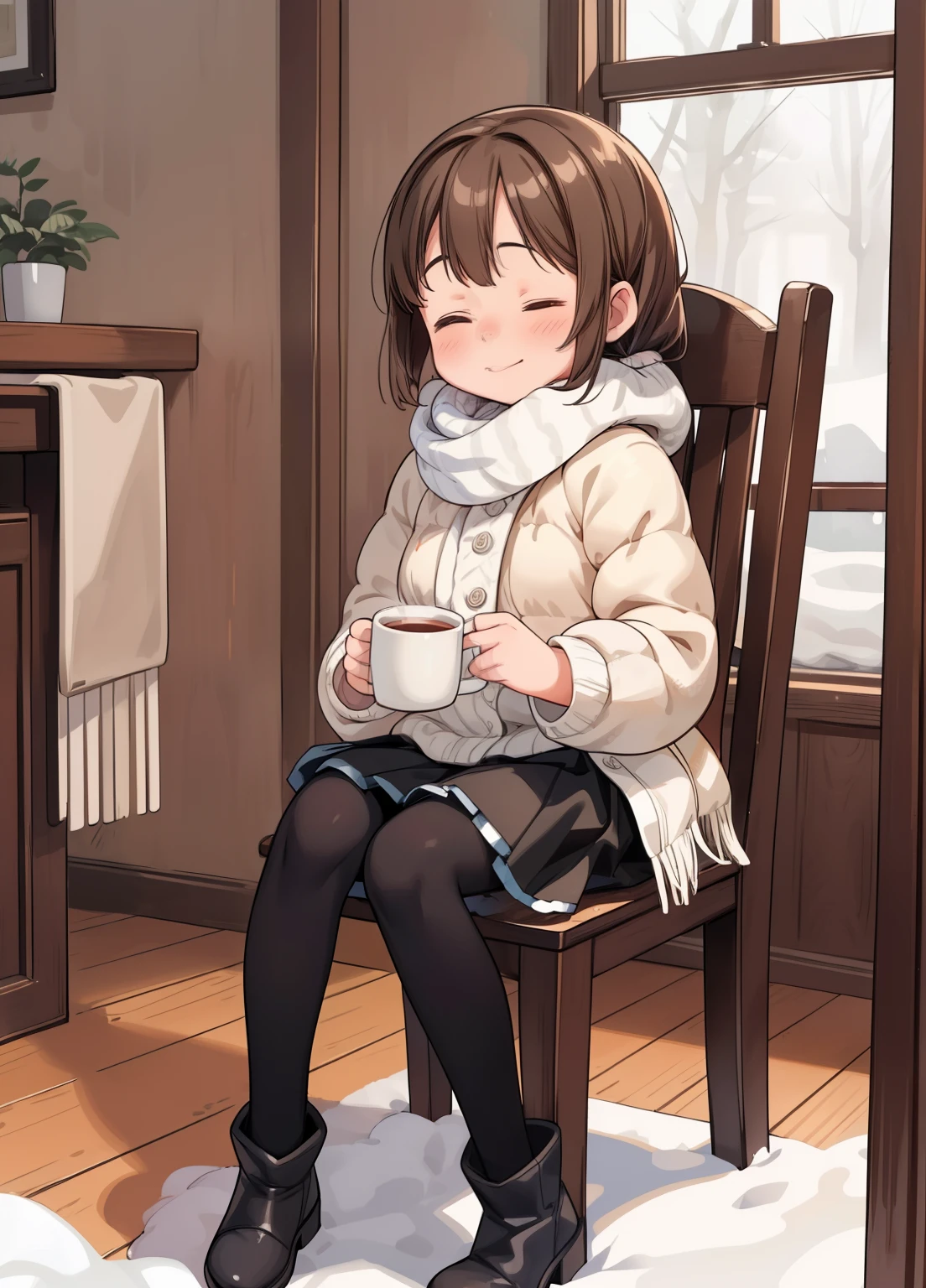 (masterpiece、Highest quality、Highest quality、Official Art、Beautiful and beautiful:1.2)、(One girl:1.3)Hatsune Miku、Twin tails,Beautiful breasts,(Highest quality,4K,8K,High resolution,masterpiece:1.2), Super detailed, (Deformed, Realistic, Photorealistic:1.3), One Girl, 12 years old, cute, cute, The kids, small, Fluffy bob cut brown hair, Sleep, close your eyes, Happy, sleepy, cold, Fluffy white scarf, Fluffy brown fur, Black Skirt, Long Black Tights, Fluffy brown boots, Sitting on a wooden chair, Holding the mug with both hands, Hot drinks, Inside a wooden house, winter.