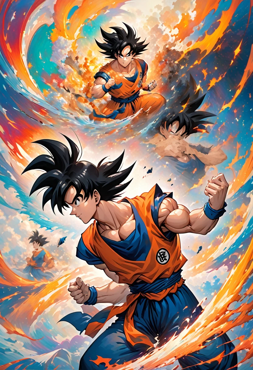son goku, black hairs, memory fades away. Man head, Abstract, blank,broken,dreamlike,peeling off like paper,dissipation effect, using vivid gentl colour, in his fight pose