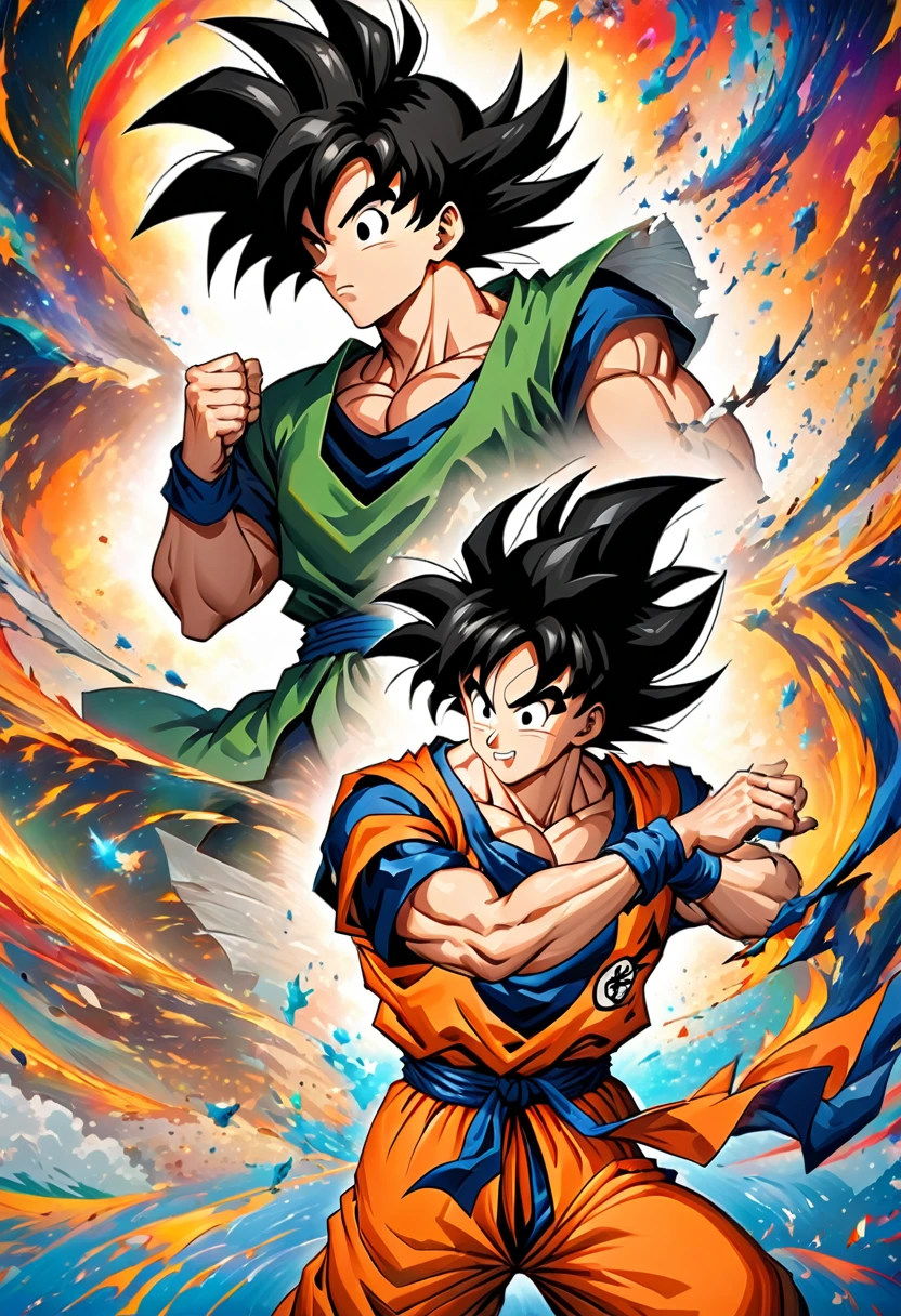 son goku, black hairs, memory fades away. Man head, Abstract, blank,broken,dreamlike,peeling off like paper,dissipation effect, using vivid gentl colour, in his fight pose
