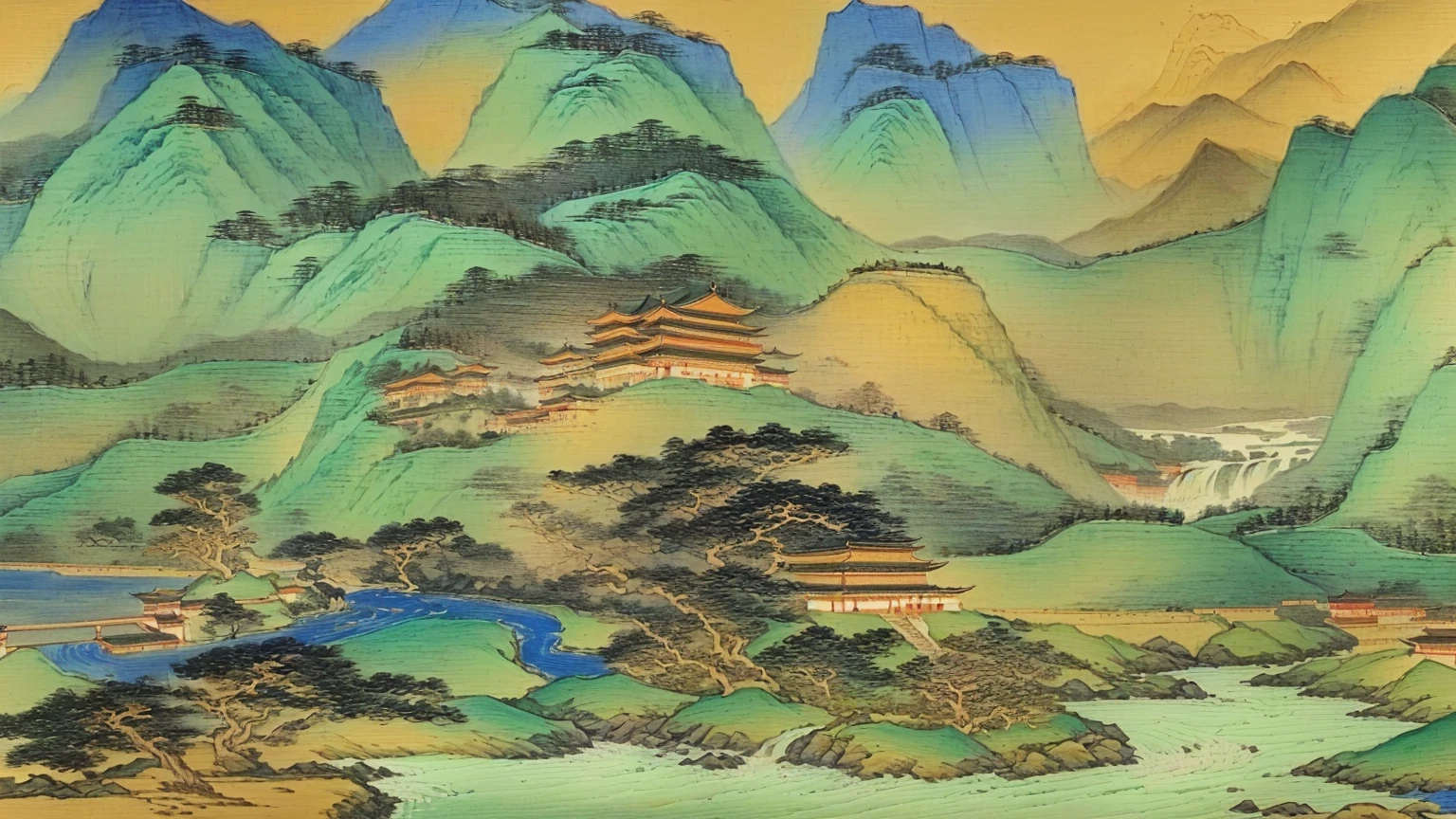 Close-up of a painting of mountains and a river, Chinese scenery, author：Wang Fu, Chinese Arts, author：Qiandu, inspired by Zhang Shunzi, author：Selangor Oriental, Chinese painting style, author：Gu An, Extremely detailed painting, Qing Dynasty, traditional Chinese Arts, author：Dondy