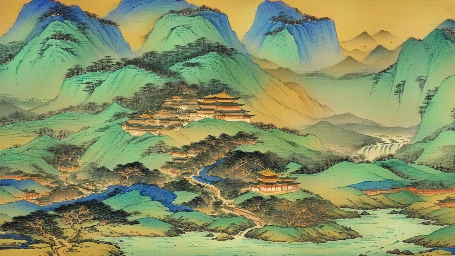 Close-up of a painting of mountains and a river, Chinese scenery, author：Wang Fu, Chinese Arts, author：Qiandu, inspired by Zhang Shunzi, author：Selangor Oriental, Chinese painting style, author：Gu An, Extremely detailed painting, Qing Dynasty, traditional Chinese Arts, author：Dondy