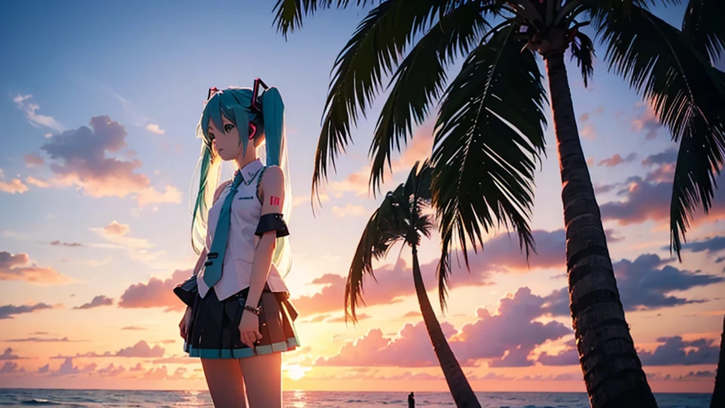 Hatsune Miku。Beach and palm trees。Sunset
