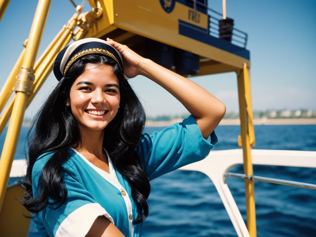 35mm film photography, Joyful, smiling black hair 1 woman on her head ship captain's hat pin-up woman posing beautifully smiling on a yacht clear weather summer sky sunny day glare in her hands holding a glass of cocktail retro pin-up style green swimsuit closed with polka dots pin-up poses luxury rich life
