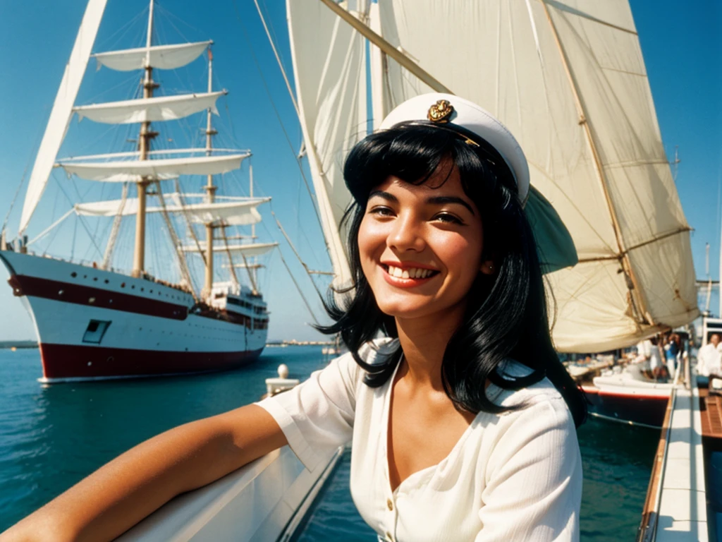 35mm film photography, Joyful, smiling black hair 1 woman on her head ship captain&#39;s hat pin-up woman posing beautifully smiling on a yacht clear weather summer sky sunny day glare in her hands holding a glass of cocktail retro pin-up style green swimsuit closed with polka dots pin-up poses luxury rich life 