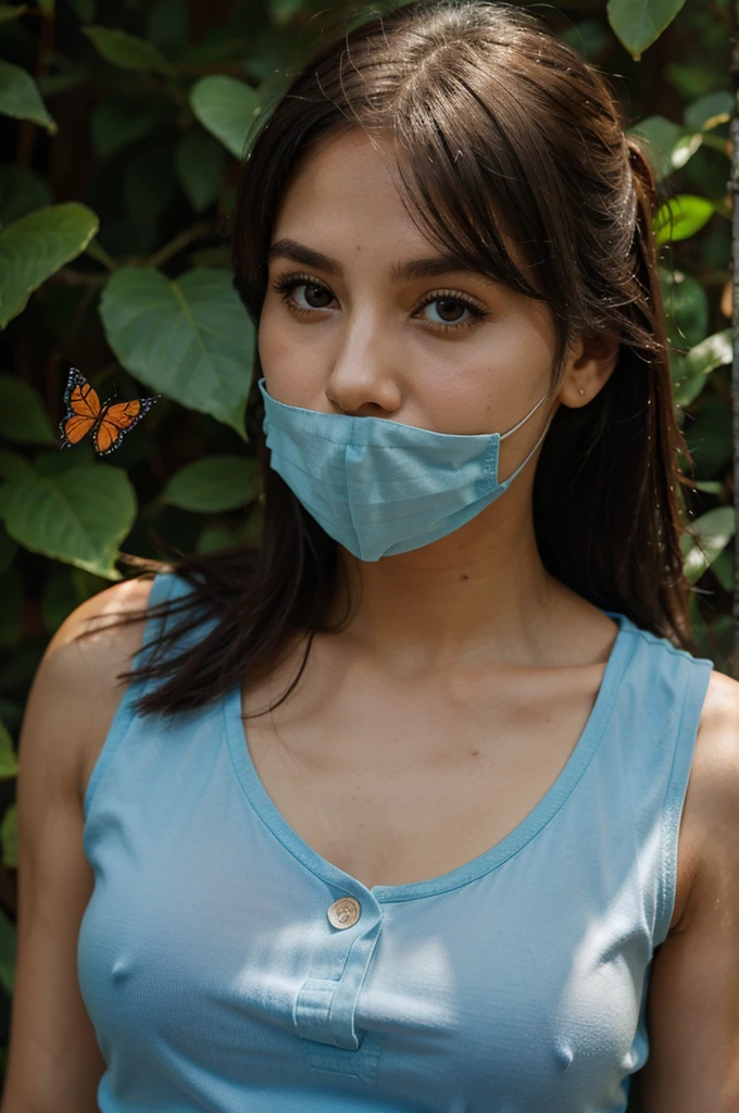 woman wearing sleeveless clothing with a butterfly over her mouth